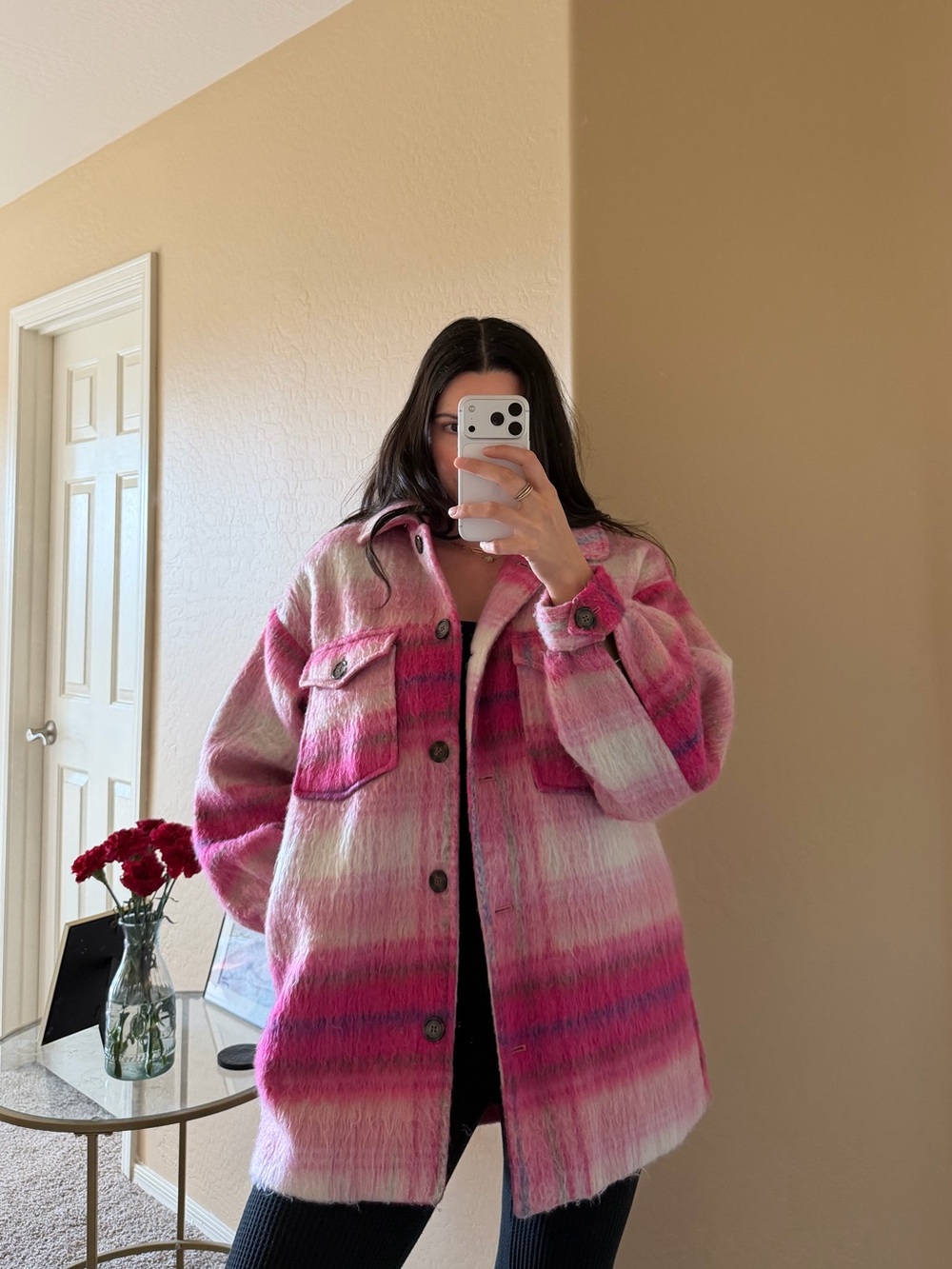 Forever 21 Fuzzy Wool Pink Plaid Coat